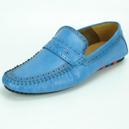 Fiesso Blue PU Leather Perforated Casual Loafer FI2323.